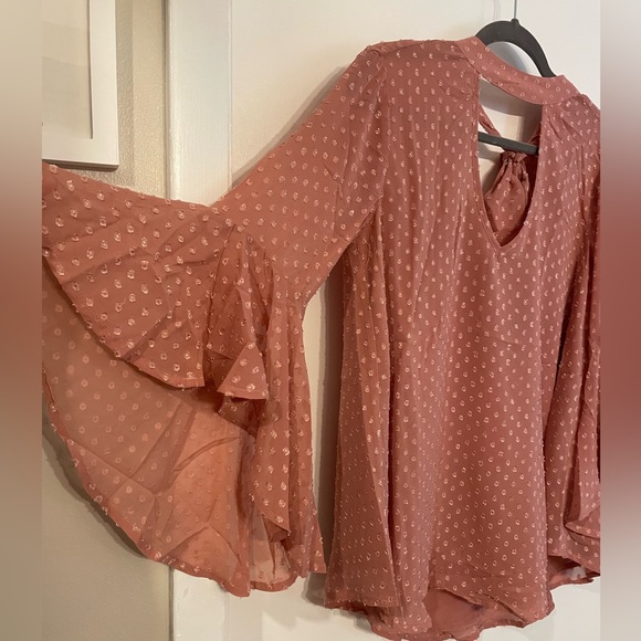 NWT Band of Gypsies Blush Pink V Neck Swiss Dot Blouse - Picture 3 of 6